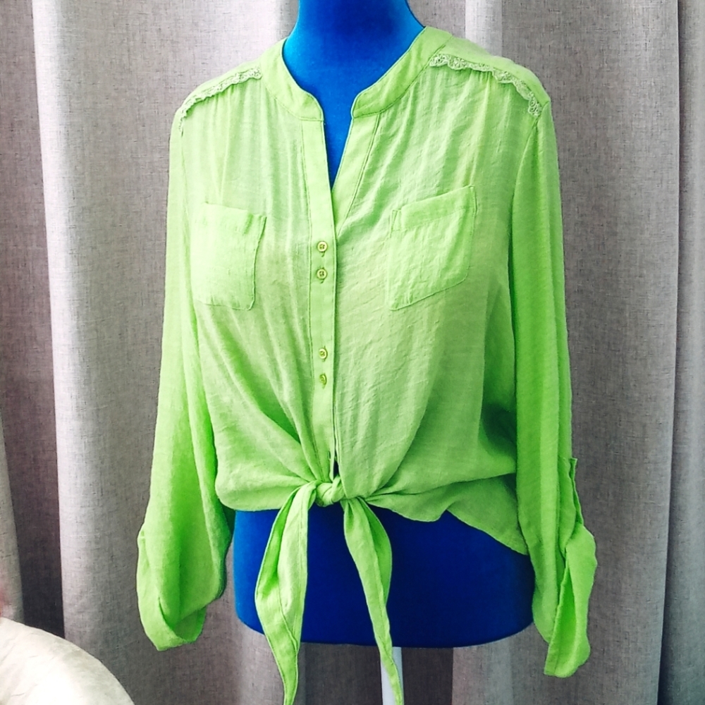 Westbound with Button Tie Top Blouse Shirt with Adjustable Sleeve